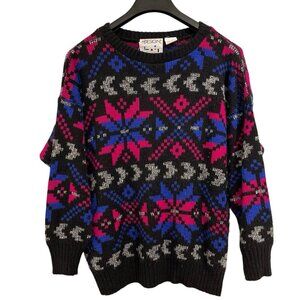 Vintage Design England Sweater Black Geometric Snowflake Grandpa Ski Winter